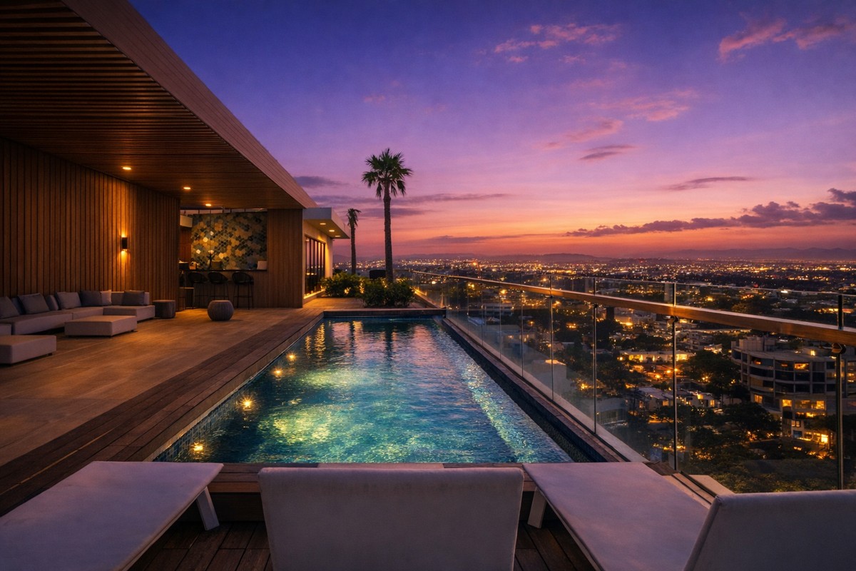 Pool lights come on as the city meets a violet evening sky.
