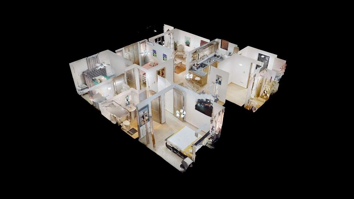 An angled interior model reveals connected rooms and circulation.