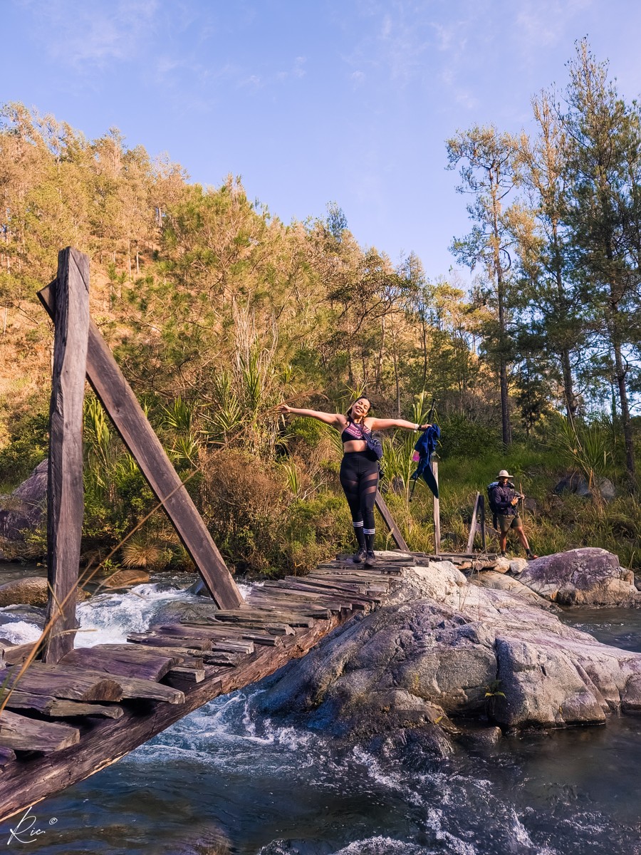 Hikers approach a rustic bridge in warm afternoon light.