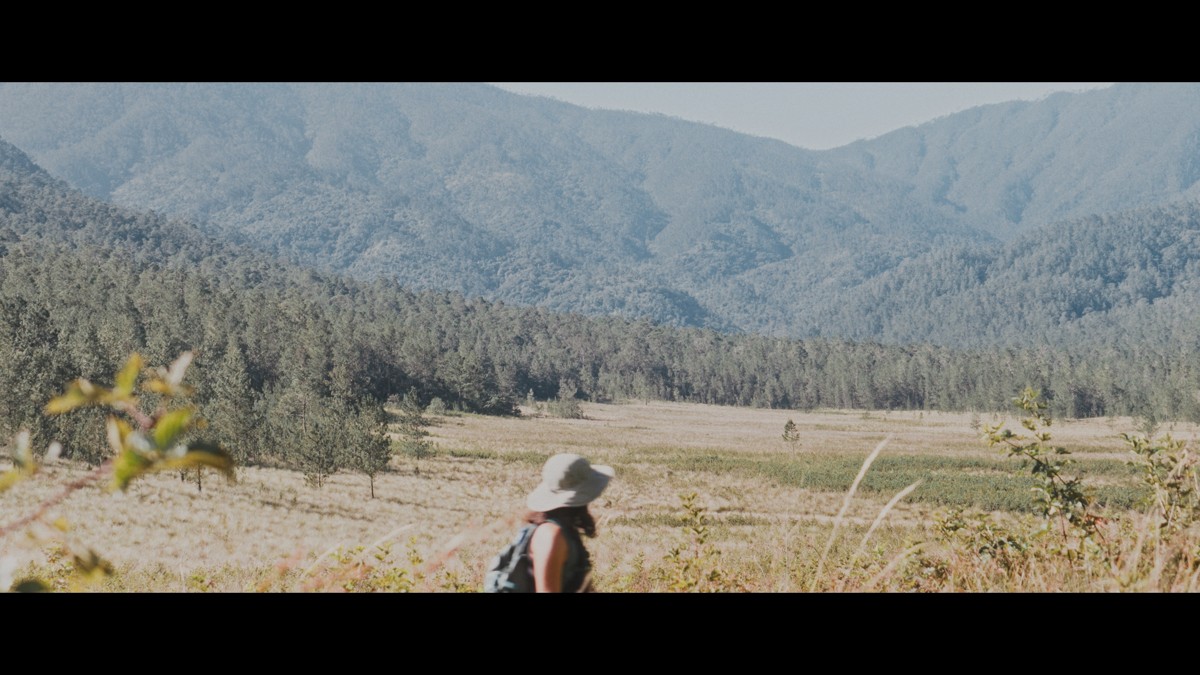 A lone figure walks below a broad sweep of mountain and meadow.