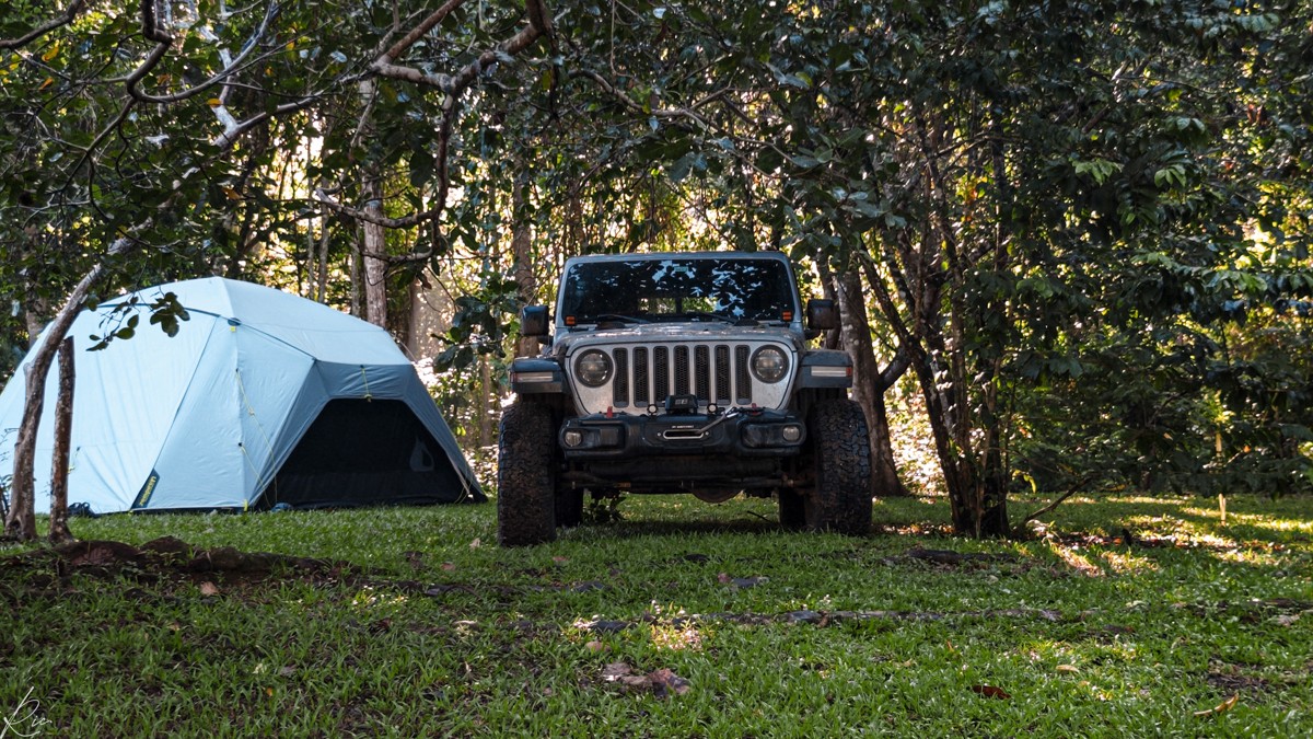 A tent and off-road vehicle sit together beneath the trees.